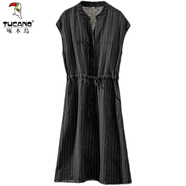 啄木鳥(niǎo)日韓原單女尾貨短袖條紋亞麻襯衫長(cháng)裙文藝系帶棉麻連衣裙夏季 黑色 M 【建議90-110斤】