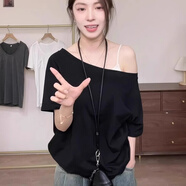 妙奕嘉斜肩上衣露肩白色短袖t恤女新款女士寬松正肩辣妹女裝夏季通勤風(fēng) 黑色斜肩露肩t恤 XL 【建議110-130斤】