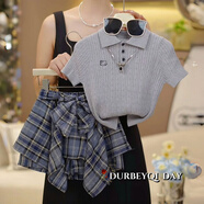 G.DUCKKIDS小黃鴨女童POLO針織短袖T恤不規則格子半身裙套裝2025夏款冰絲甜 品牌灰色針織短袖+格子半身裙【 110 cm