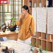 SAVC中年婦女原創(chuàng)品牌女裝官方春秋款春砂洗做舊苧麻禪茶服立領(lǐng)系帶漢 舊黃  今年新款素訂同款 均碼