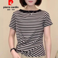 皮爾卡丹（pierre cardin）官方品牌高端條紋短袖T恤女2025夏季新款韓版時(shí)尚褶皺扭結(jié)一字領(lǐng) 條紋 一字領(lǐng)體恤衫 M 建議85-100斤