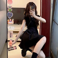 芭芙達妮法式赫本風黑色連衣裙女夏季2025新款小個子小黑裙收腰顯瘦短裙 短袖小黑裙 L 100-115 斤