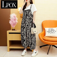 LPOX套裝女兩件套2025年新款兩件套女短袖T恤洋氣減齡百搭休閑款套裝 白T恤+背帶褲黑白【兩件套】 L 建議100-120斤