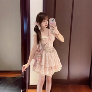 衣然呈品連衣裙女夏季新款美式高街潮牌小飛袖方口領(lǐng)蕾絲花邊A字短裙子女 碎花連衣裙 M 【建議90-105斤】