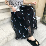SIN.CYC女裝春季網紗半身裙女百褶裙時尚刺繡高腰裙子中長款垂感A字 羽毛款黑色 M 90c 裙長90cm二層紗+一層襯)
