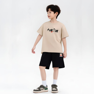 大嘴猴（paul frank）童裝夏季套裝2025新夏款男女童休閑短袖短褲中大童運動(dòng)時(shí)髦兩件套 淺卡其+黑色 140