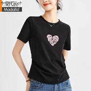 莫代爾趣味愛心刺繡白t寬松百搭T恤女2025夏季舒適休閑簡約圓領(lǐng)短袖上衣 黑色 L