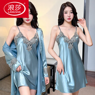 浪莎（LangSha）睡衣女士性感吊帶春秋款睡裙薄款冰絲睡袍兩件套裝仿真絲綢家居服 SYG-2053花邊兩件套藍灰色 M
