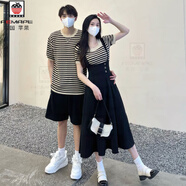 AEMAPE高級(jí)感情侶裝夏季韓版短袖條紋t恤女背帶裙套裝法式一裙一衣ins潮 女上衣+裙子 XL