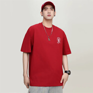 DUDR紅色重磅短袖T恤男夏季寬松港風(fēng)個(gè)性短袖男設(shè)計(jì)感潮流刺繡體恤 紅色 XL