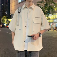 百鵲亭 襯衫外套男2025夏季潮牌港風(fēng)寬松襯衫工裝上衣潮牌痞帥休閑外套 卡其色 【短袖】 XL 【建議120-140斤】