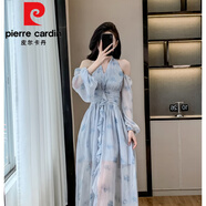 皮爾卡丹（pierre cardin）藍(lán)色露肩掛脖碎花連衣裙女春夏季新款法式絕美超仙海邊度假風(fēng)長(zhǎng)裙 冰藍(lán)玫瑰【高端版】】 S