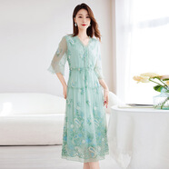 水墨佳人絲韻天香 真絲源頭工廠(chǎng) 桑蠶絲連衣裙寬松中大淑繡花連衣裙女9168 薄荷綠 L 113-125