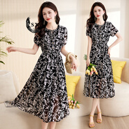 SXA香港潮牌短袖雪紡連衣裙女2025夏季新款氣質(zhì)小個(gè)子收腰碎花A字裙 黑花 L
