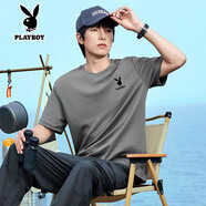 花花公子（PLAYBOY）純棉短袖T恤男半袖服夏季新款純色百搭純色上衣情侶體恤衫 灰色短袖T （花花公子） 3XL 【150-165斤】