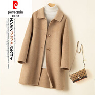 皮爾卡丹（pierre cardin）高端秋冬季新款雙面羊絨大衣女中長(cháng)款娃娃領(lǐng)小個(gè)子外套高端羊毛呢 人字紋駝色 S 115斤內拍