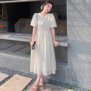 予瑾連衣裙女夏2025新款法式氣質(zhì)溫柔風(fēng)刺繡森系清新超仙泡泡袖長(zhǎng)裙 杏色 M 建議90-110斤