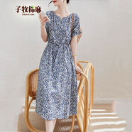 子牧棉麻2025夏裝 女復(fù)古花邊袖碎花a字裙印花收腰顯瘦中長(zhǎng)款連衣裙1142 碎花藍(lán) M (建議90-110斤)