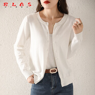 RLAS純棉線圓領(lǐng)長(zhǎng)袖針織開衫女外套短款純色毛衣簡(jiǎn)約百搭全棉外搭上衣 白色 S
