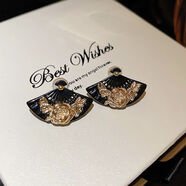 堅銀高檔韓國日本耳釘女中式扇形古風(fēng)花朵耳環(huán)復古獨特耳飾品牌禮物 s925銀針黑色中式扇形