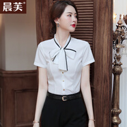 晨芙職業(yè)短袖襯衫女夏季系帶蝴蝶結工裝雪紡衫修身時(shí)尚氣質(zhì)襯衣工作服 白色襯衫+Q3黑西群 XL 建議110-120斤