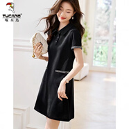 啄木鳥(niǎo)棉質(zhì)短袖翻領(lǐng)正肩連衣裙女韓版休閑2025夏季新款氣質(zhì)顯瘦POLO裙 黑色 XL 【建議110斤-125斤】