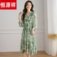 恒源祥夏裝新品高貴仙女裙女裝連身裙連衣裙女士氣質(zhì)黃收腰女衣輕奢洋氣 綠色 S