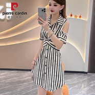 皮爾卡丹2025夏新款韓版時(shí)尚條紋釘珠露肩氣質(zhì)短袖連衣裙女收腰顯瘦襯衫裙 條紋襯衫裙 2XL 【建議126-135斤】