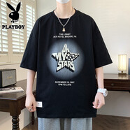 花花公子（PLAYBOY ESTABLISHED 1953）短袖t恤男士夏季2025新款寬松青少年港風帥氣圓領體恤衫 1123黑色 M  90-110斤