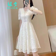 綠夕（REAXUR）溫柔風(fēng)連衣裙子夏天女裝2025夏季新款氣質(zhì)衣服蕾絲收腰顯瘦高級感 杏色 L （建議108斤-118斤）