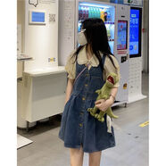 伊離姿【兩件套裝】花邊娃娃領(lǐng)復古泡泡袖上衣+無(wú)袖顯瘦A字牛仔背心裙女 襯衣 M 【輕熟風(fēng)復古法式名媛高端設