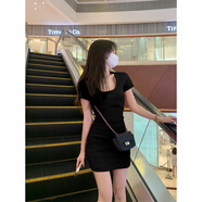 MR.KA粉色u領短袖t恤連衣裙女夏季小個子修身性感辣妹包臀裙子純欲短裙 黑色 M 86-105斤