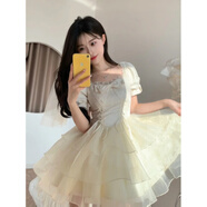 榮西圖夏季蝴蝶結(jié)提花歐根紗仙女短裙蓬蓬裙 杏色 M