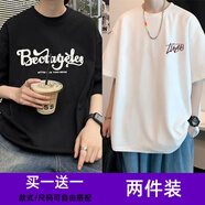威覺(jué)（WEIJUE）【買(mǎi)一送一 包郵】高街短袖t恤男夏季日系潮流寬松半袖體恤衣服 T2498黑+T2507白 XL