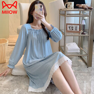 貓人（MiiOW）睡衣女士春秋季薄款純.棉長(cháng)袖休閑甜美可愛(ài)花邊孕婦月子家居睡裙 #XF-2033灰藍 M 160