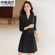 伊雅露莎職業(yè)裝女裝連衣裙長(cháng)袖新款時(shí)尚商務(wù)休閑中長(cháng)款西服裙子665 黑色連衣裙 M