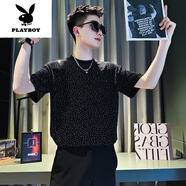 花花公子（PLAYBOY）滿天星短袖男夏季痞帥冰絲燙鉆T恤2025新款男士夏裝半袖上衣新品 黑色 L