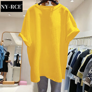NY-RCE歐洲站夏裝新款大版短袖T恤女寬松中長款上衣潮 019黃色 XL