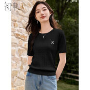 初申春夏針織短袖T恤女時(shí)尚圓領(lǐng)經(jīng)典絞花精致刺繡針織衫打底衫S52T034