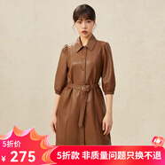 哥弟真的好（GIRDEAR）女裝高腰泡泡袖PU皮連衣裙（附腰帶）A500183 卡其 S (2碼)
