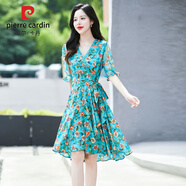 皮爾卡丹（pierre cardin）夏季短袖連衣裙女裝2024新款韓版高腰顯瘦時尚中長款碎花雪紡裙子 綠色花 XL （115-125斤）