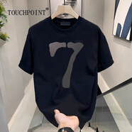 TOUCHPOINT輕奢潮牌 夏季字母數(shù)字印花純棉圓領(lǐng)短袖T恤男簡約百搭透氣體恤衫 黑色（數(shù)字7） M (100斤120斤)
