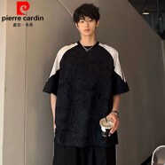 皮爾卡丹（pierre cardin）黑白拼接條紋扎染臟臟重磅T恤男美式復古潮牌短袖寬松半截袖體恤 黑色 L