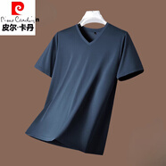 皮爾卡丹（pierre cardin）桑蠶絲短袖t恤男士夏季薄款休閑涼感垂感純色無痕圓領(lǐng)體恤打底衫 藍色【3311】V.領(lǐng) XL 175【適合體重135-155斤】