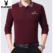 花花公子（PLAYBOY）中年男士長(cháng)袖T恤春秋裝上衣服條紋中老年體恤小衫爸爸裝 2660酒紅長(cháng)袖真口袋 常規 M