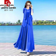 皮爾卡丹（pierre cardin）雪紡連衣裙女白色大擺兩件套衣裙套裝長款大碼沙灘裙海邊拍照裙子 寶藍色 連衣裙+披肩 3XL 建議135--145斤