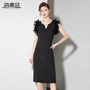 海青藍荷葉袖連衣裙女2025年新款高級女裝時(shí)尚設計感小眾黑色a字裙 黑色 L