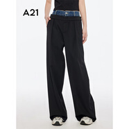 A21女裝高腰撞色拼接雙褲腰休閑褲春夏新款設計感假兩件直筒褲 黑色 25