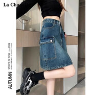 予瑾韓版潮流牛仔短裙女春夏2025新款高腰顯瘦辣妹包臀a字工裝半身裙 藍色 5420(主圖款) S