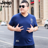 JEEP SPIRIT吉普夏薄新款潮胖子大碼短袖T恤男裝加肥寬松肥佬半袖V領(lǐng)純棉衣服 寶藍色 X款 4XL --210-230斤